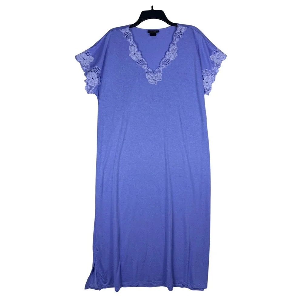 Natori Iris Blue Modal Lace Trim Maxi Nightgown Sleep Dress M73084 Large NWT